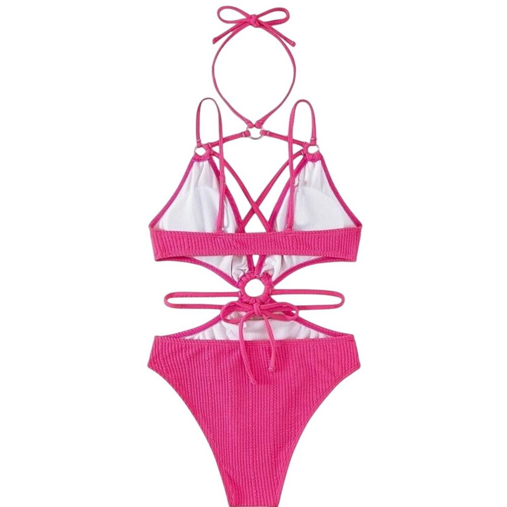 FlatterMe Pink Ribbed Cutout 1 Piece Swimsuit Ring Detail Crisscross Women Large - Picture 3 of 11